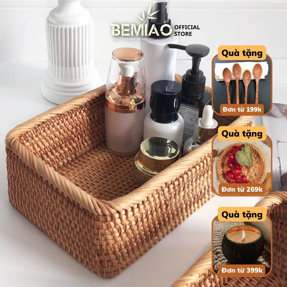 Khay mây tre đan chữ nhật Vintage  Khay trang trí  Giỏ mây đựng đồ đa năng  Mây tre đan cao cấp xuất khẩu Bemiao Shop