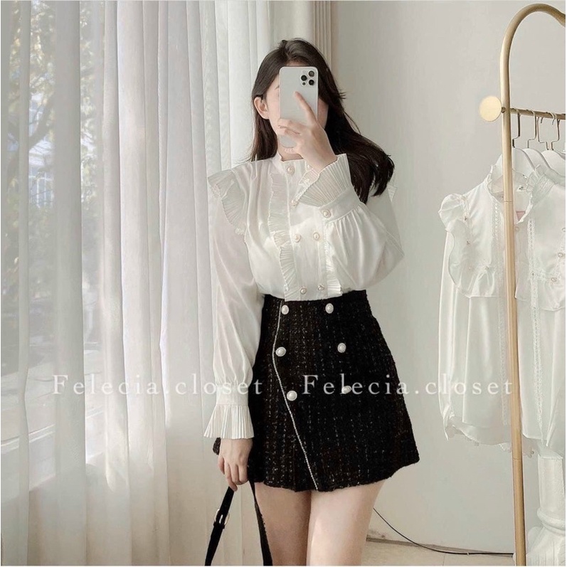 Áo sơ mi thô mềm bèo dập ly 2 hàng khuy ngọc gs110