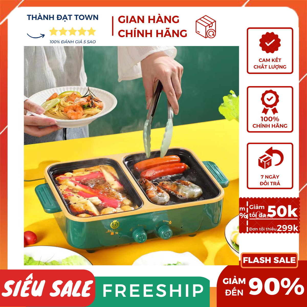 Bếp lẩu nướng 2 ngăn Hàn Quốc, Nồi lẩu 2 in 1 siêu chống dính đa năng siêu Tiện lợi
