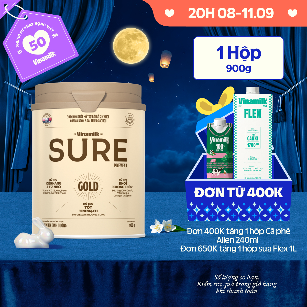 Sữa bột cho người lớn tuổi Vinamilk Sure Prevent 900g (Hộp thiếc) - bổ sung dinh dưỡng và tăng cường sức khỏe
