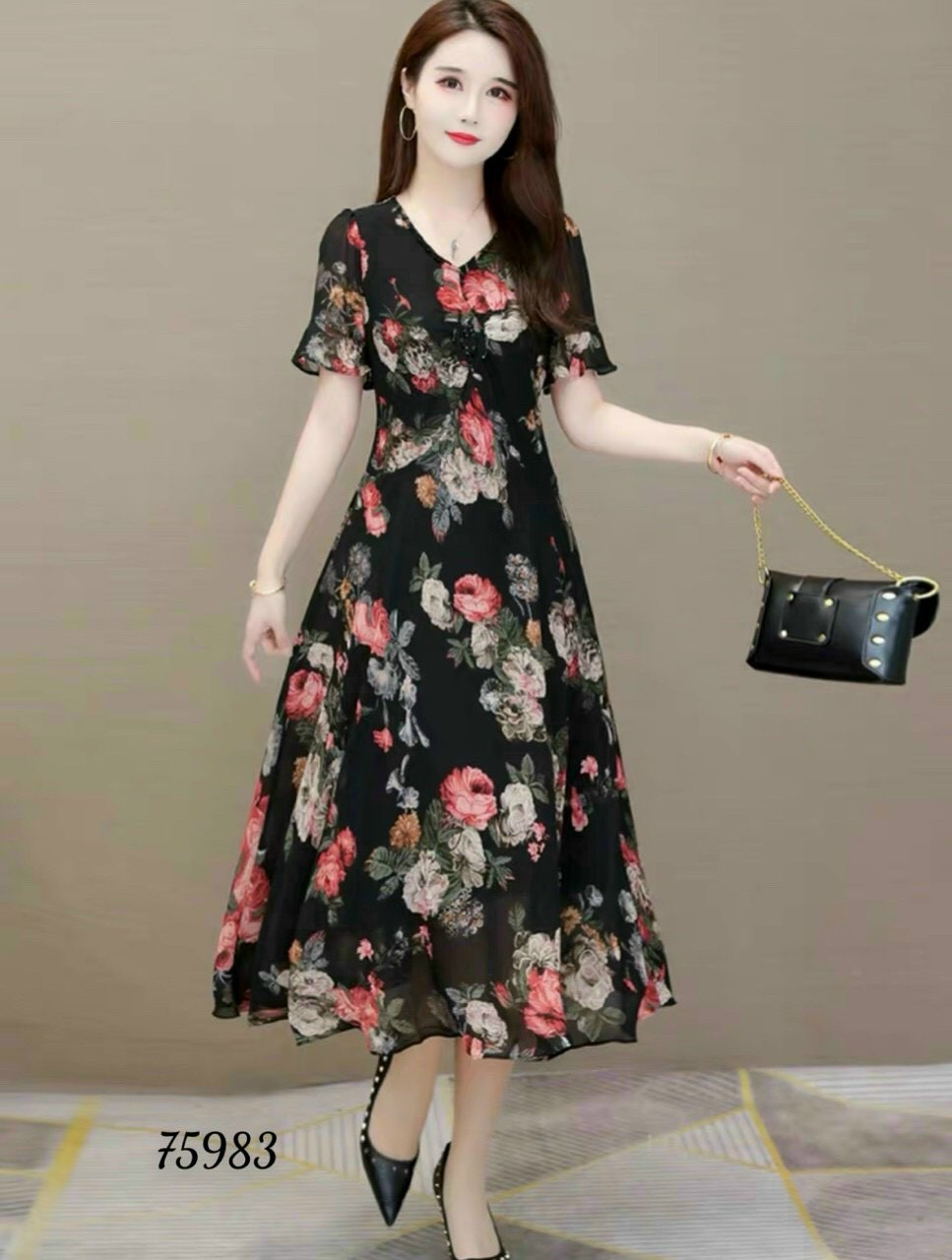 [HCM][HOT] Đầm Umi Phối Chân Váy Hoa  Cổ Ép Đá Trẻ Trung Xinh Xắn.TH