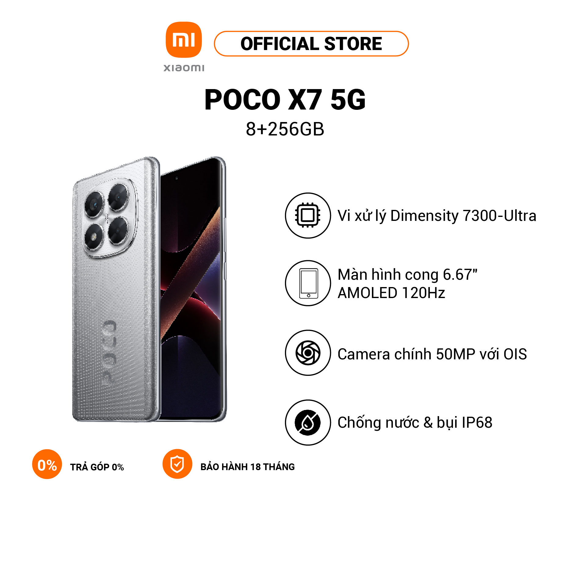 Điện thoại thông minh POCO X7 5G (8+256GB) | Màn hình 120Hz AMOLED Viền cong | D7300-Ultra | Camera chính 50MP OIS | IP68