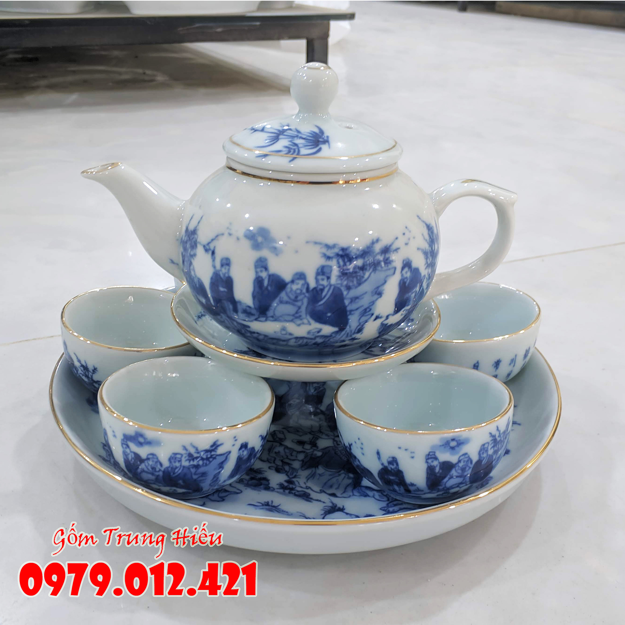 Bộ ấm chén Bát Tràng kẻ chỉ vàng