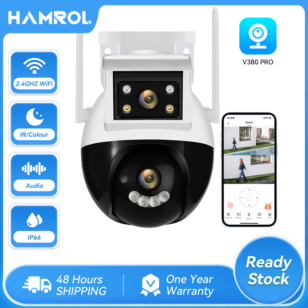 Hamrol v380 hd 4mp round type outdoor ptz wifi camera waterproof led ir night vision smart alarm dual lens cctv security protection ip wireless camera