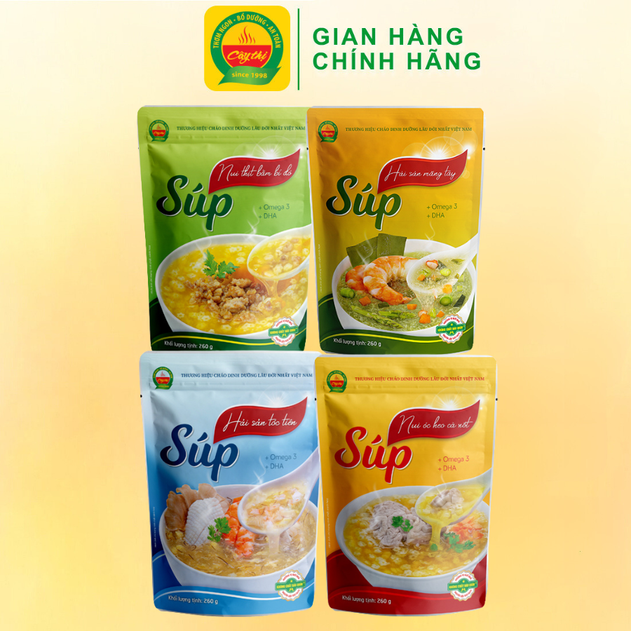 Combo 4 gói súp dinh dưỡng cây thị: nui thịt bằm bí đỏ , nui óc heo cà rốt , nui hải sản tóc tiên , nui hải sản măng tây