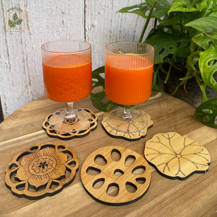 Bộ đế lót ly hình sen từ gỗ tre, hình dáng bông sen, lá sen, búp sen, đài sen.