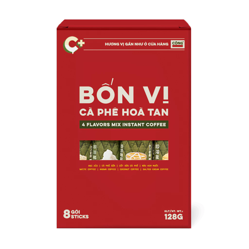 Cà phê hoà tan hộp mix 4 vị 8 gói: Bạc xỉu, cốt dừa, cà phê sữa, nâu kem muối, Cộng Cà Phê