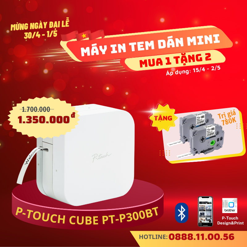 [HCM][Tặng Nhãn In] Máy in nhãn Brother PT-P300BT, nhỏ gọn, thời trang, in qua ứng dụng di động