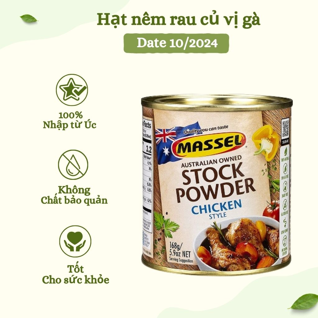 Hạt nêm cho bé ăn dặm vị gà Massel Úc 168g, hạt nêm rau củ không bột ngọt cho bé