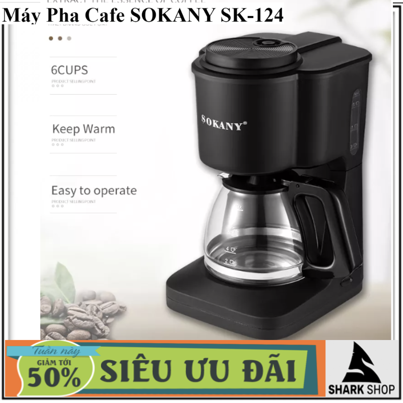 Máy pha cà phê sokany sk-124,máy pha cafe mini,máy pha cafe gia đình bền đẹp,giá rẻ,dễ dùng,pha ngon,tiện lợi van chống nhỏ giọt,ngắt điện tự động an toàn,bộ lọc tháo rời và đĩa hâm nóng không bị dính bh 1 năm