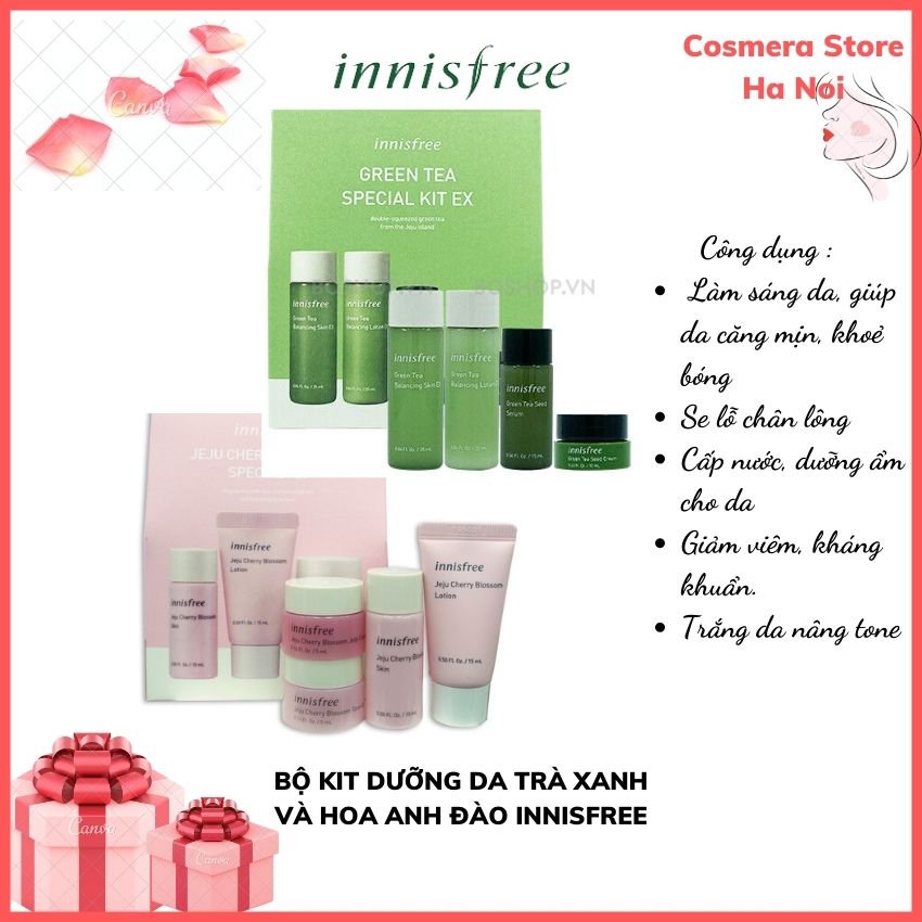 Set 4 món dưỡng da trà xanh / hoa anh đào INNISFREE dưỡng da căng bóng, trắng hồng nâng tone mini size tiện lợi mang đi du lịch