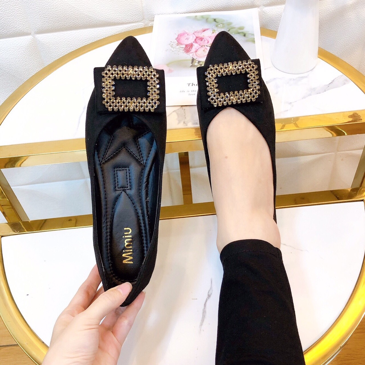 Giày búp bê nữ thời trang khóa đá, mũi nhọn kiểu dáng thanh lịch gót cao 2cm