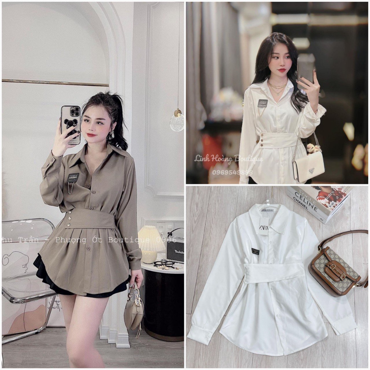 Áo sơ mi nữ dáng dài form rộng may logo, áo sơ mi dài tay công sở sanh chảnh