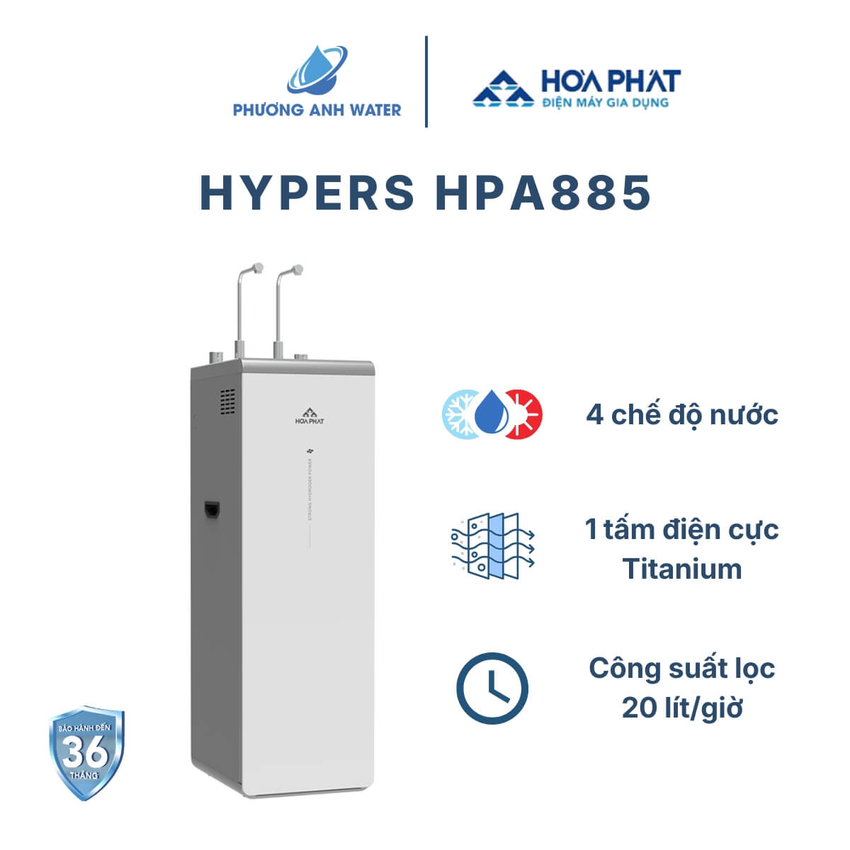 Máy lọc nước ION Kiềm Hòa Phát HPA885 12 lõi lọc, 4 chế độ Nóng Lạnh Nguội Hydro-ION Kiềm, công nghệ điện phân có màng ngăn, công suất lọc 15 lít/giờ