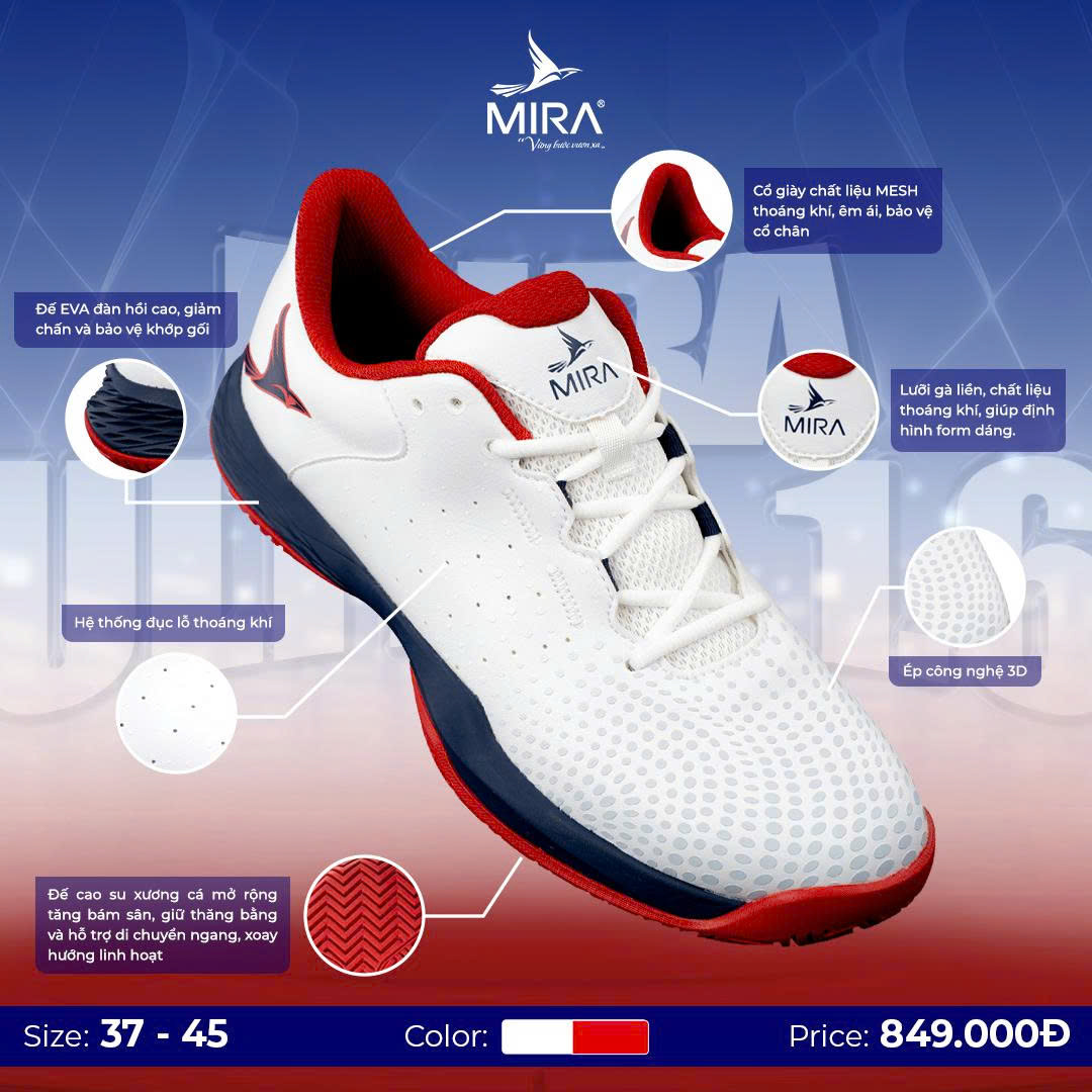 Giày Pickleball MIRA ULTRA 1.6 Chính Hãng Nam Nữ Đế EVA Giảm Chấn, Bám Sân Chống Trượt, Êm Nhẹ Thi Đấu Chuyên Nghiệp