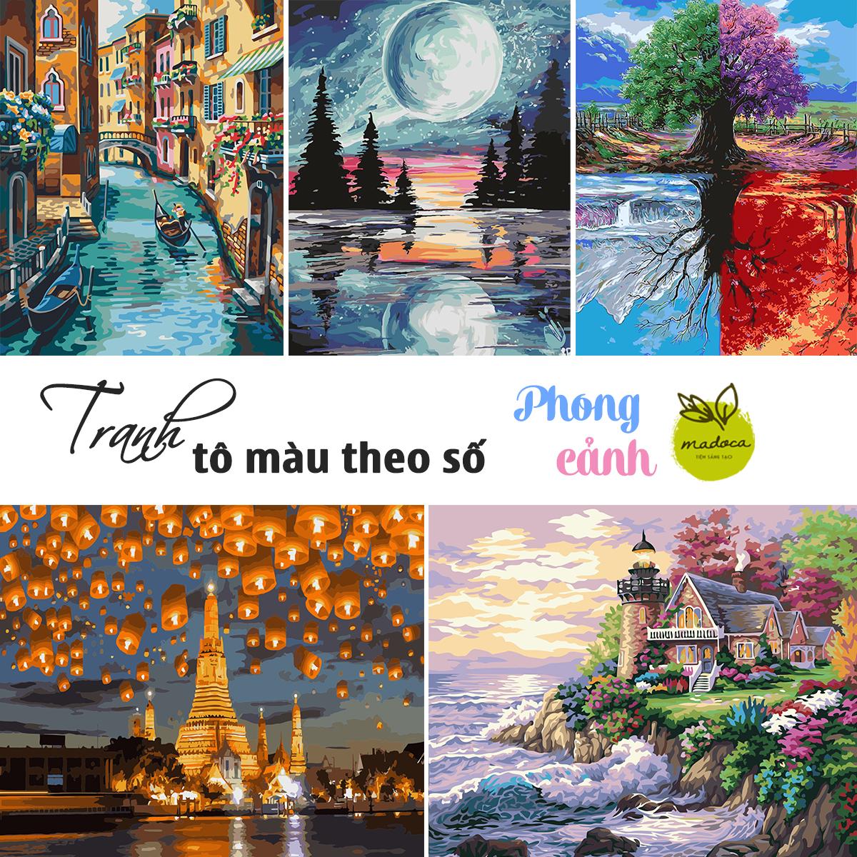 Tranh tô màu theo số, tranh số hóa, tranh tô màu số hóa Madoca kích thước 40x50cm có khung, Tổng hợp mẫu tranh Phong cảnh