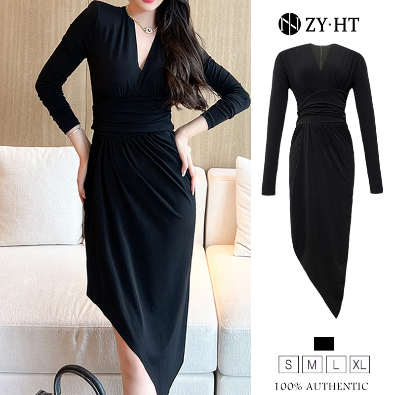 ZYHT eravogue váy kiểu pháp bất đối xứng đầm body nữ ôm body sexy Cổ chữ V gợi cảm Váy đen nhỏ 5941