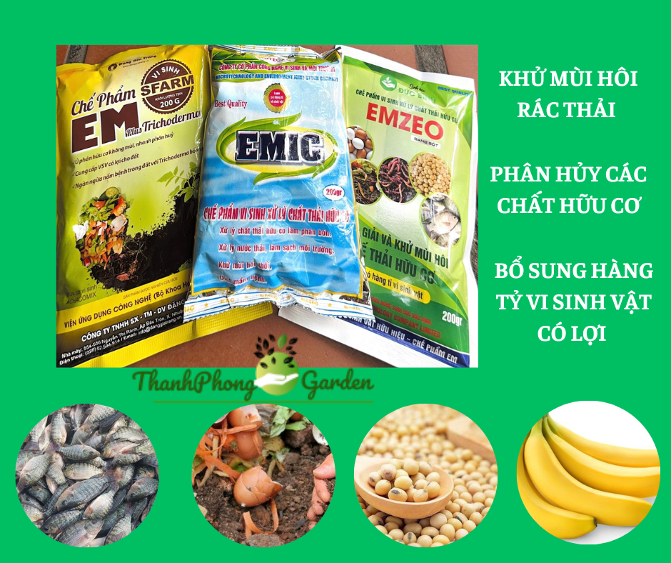 Men vi sinh Emzeo, Emic, EM khử mùi hôi phân cá, ủ đậu tương, rác thải sinh hoạt, rác nhà bếp và ủ phân bón hữu cơ