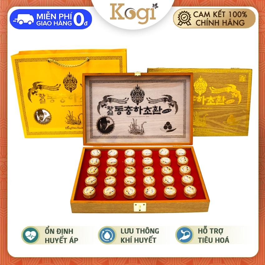 Viên hoàn đông trùng hạ thảo Hàn Quốc Kanghwa hộp gỗ vàng 30 viên, Kogi Ginseng - Hỗ trợ tăng sức đề kháng, bồi bổ cơ thể, giảm sự mệt mỏi, bổ thận bổ phế, giảm ho