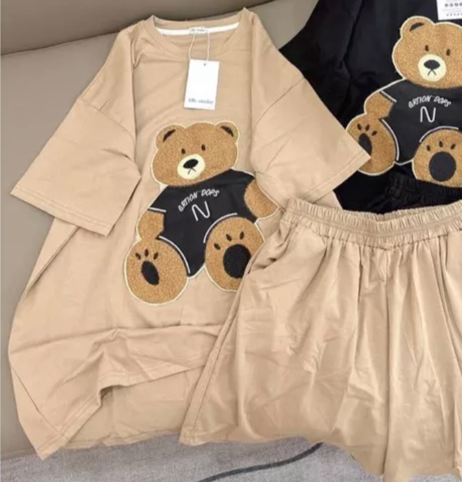 Đồ bộ nữ form rộng nữ chất thun co dãn GẤU TEDDY NGỒI, Sét áo thun quần đùi form rộng chất thun co dãn 4 chiều