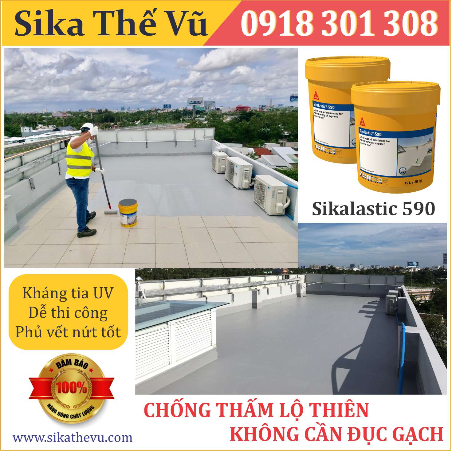 Chống thấm sân thượng không cần đục gạch _ Sikalastic 590 (Thùng 20kg) - SIKA THẾ VŨ