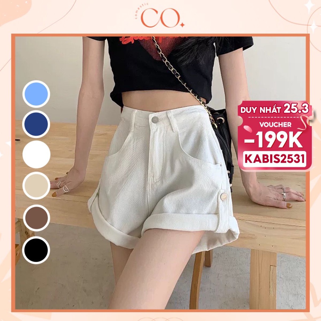 Quần shorts kaki jean cạp cao quần shorts ống rộng sắn gấu_C40