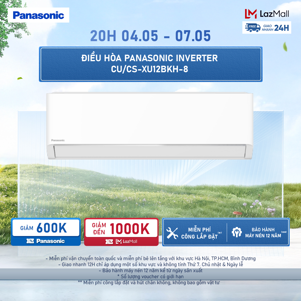 [Trả góp 0%] Máy lạnh/Điều hòa Panasonic Inverter CU/CS-XU12BKH-8 - 1.5HP - Một chiều - Eco AI - Lọc sạch không khí NanoeX - Wifi - Hàng chính hãng