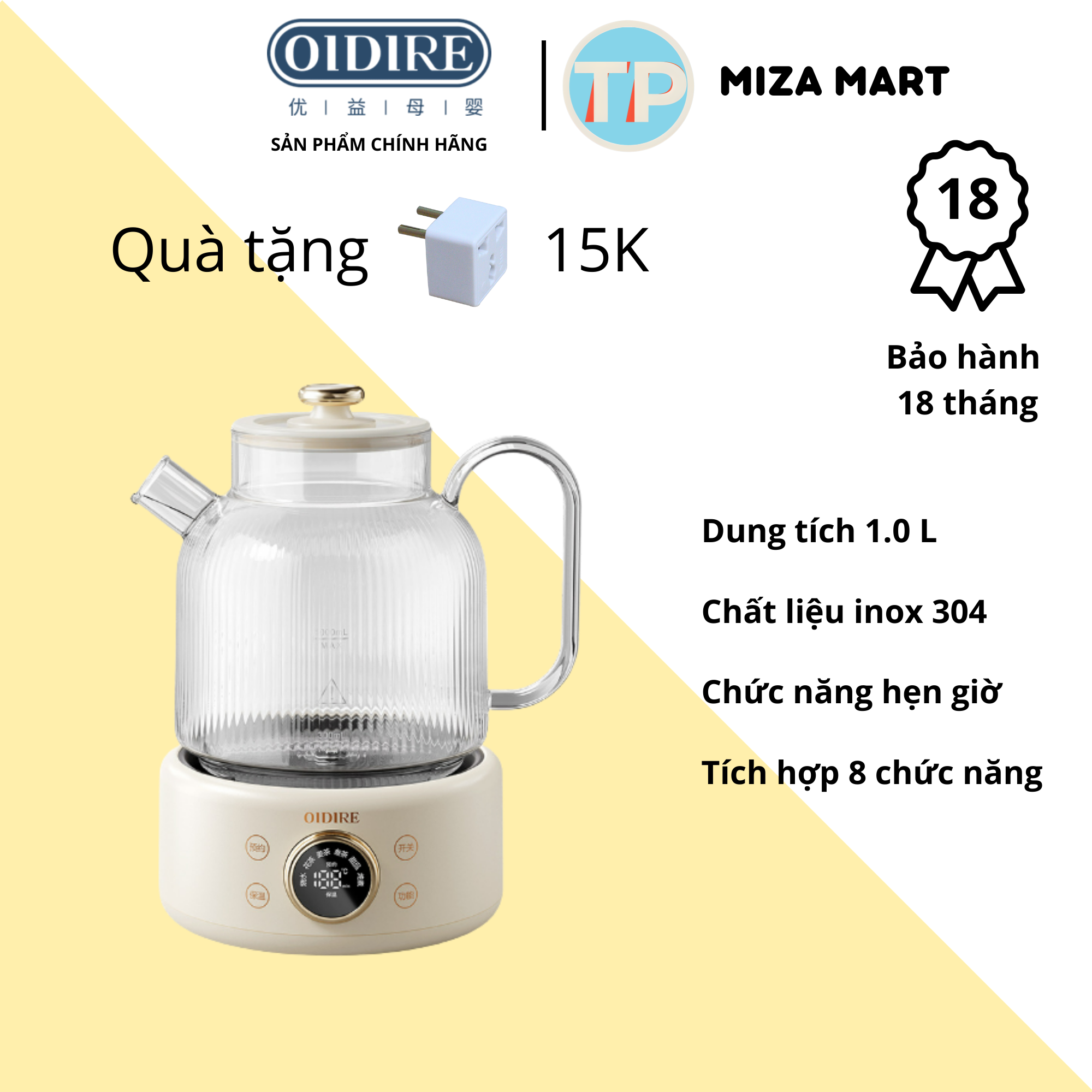Ấm pha trà OIDIRE ODI-HC01, 1.0L, lõi lọc inox 304, nấu nước, nấu trà, bình trà giữ nhiệt, ấm điện thủy tinh pha cafe