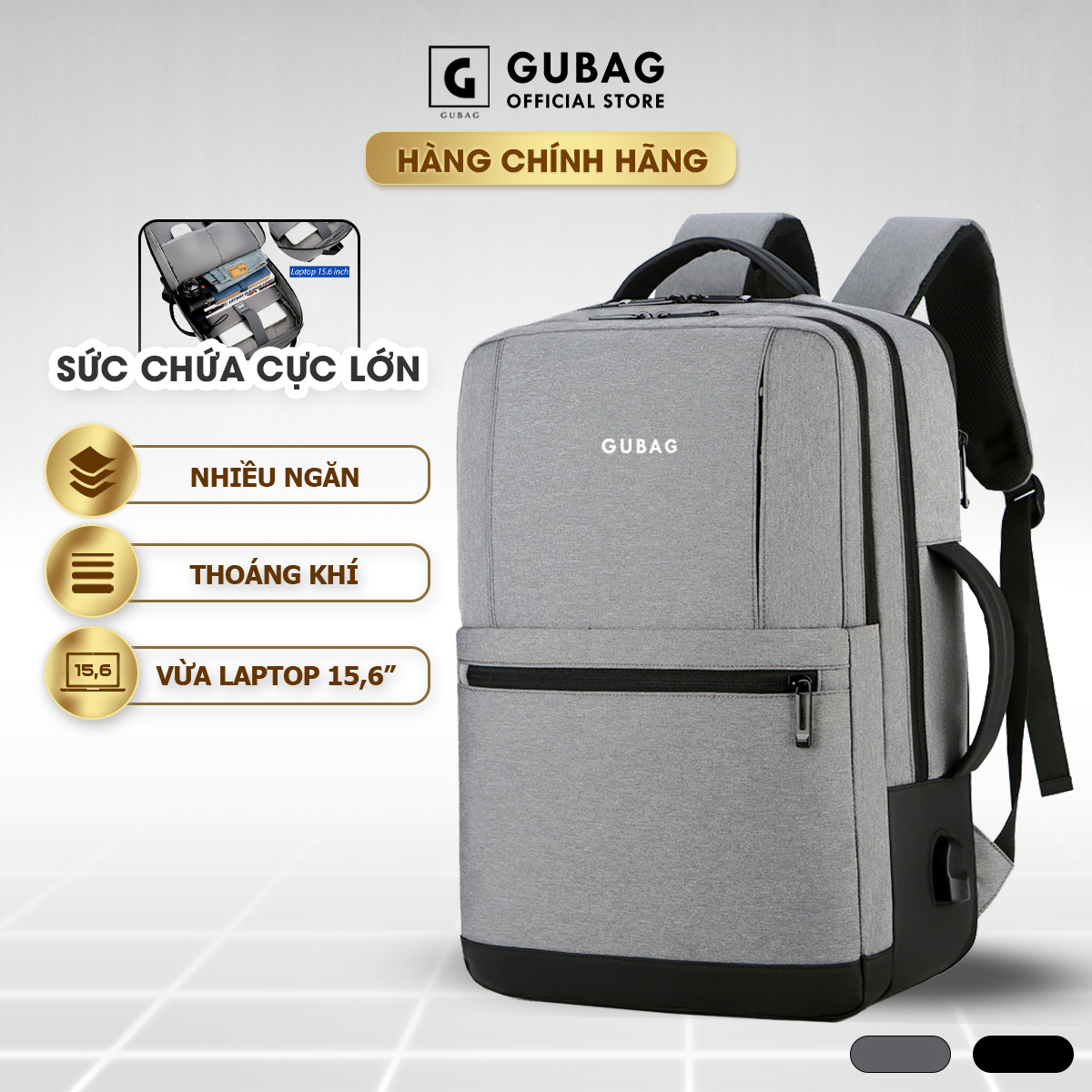 Balo nam cao cấp GuBag, dung tích lớn, cổng sạc Usb chống xước, nhiều ngăn tiện lợi đi du lịch, đi làm, công tác