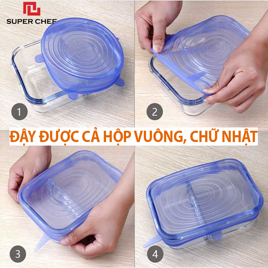 Bộ Nắp Silicon Super Chef Co Dãn Tốt Thay Thế Màng Bọc Thực Phẩm Siêu Tiện Lợi (6 cái/bộ)