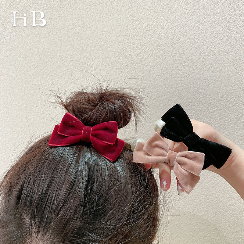 B370 - Dây buộc tóc nơ nhung hạt châu