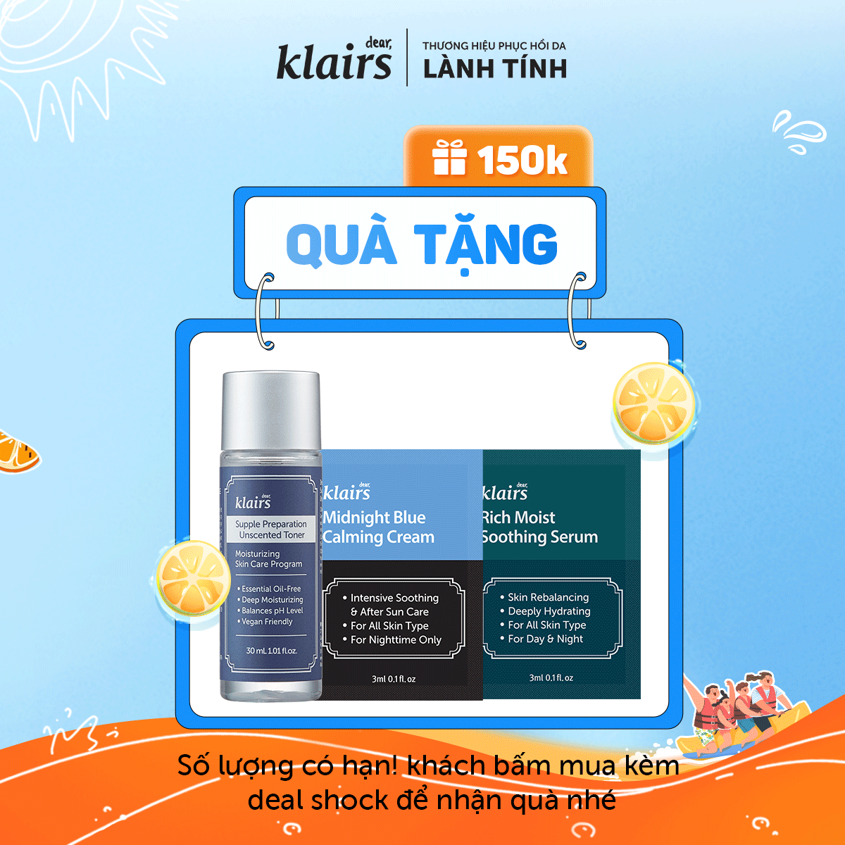 1 Dear,Klairs nước hoa hồng Toner 30ml +2 sachet bất kỳ