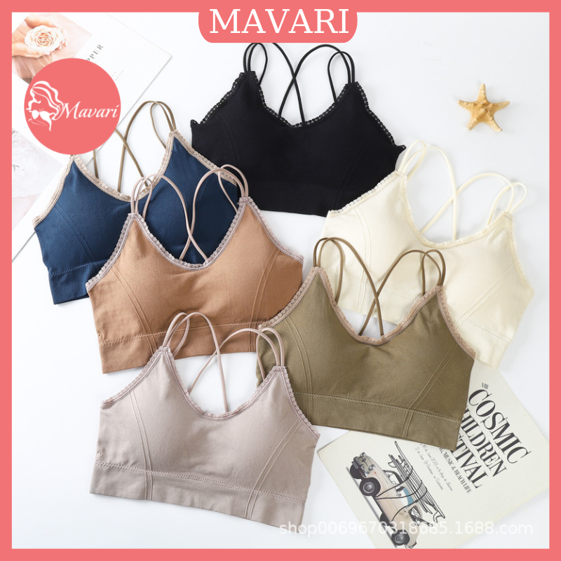 Áo bra len tăm dây chéo lưng viền ren điệu đà MAVARI - Bra nữ tập gym có kèm mút mỏng B2116
