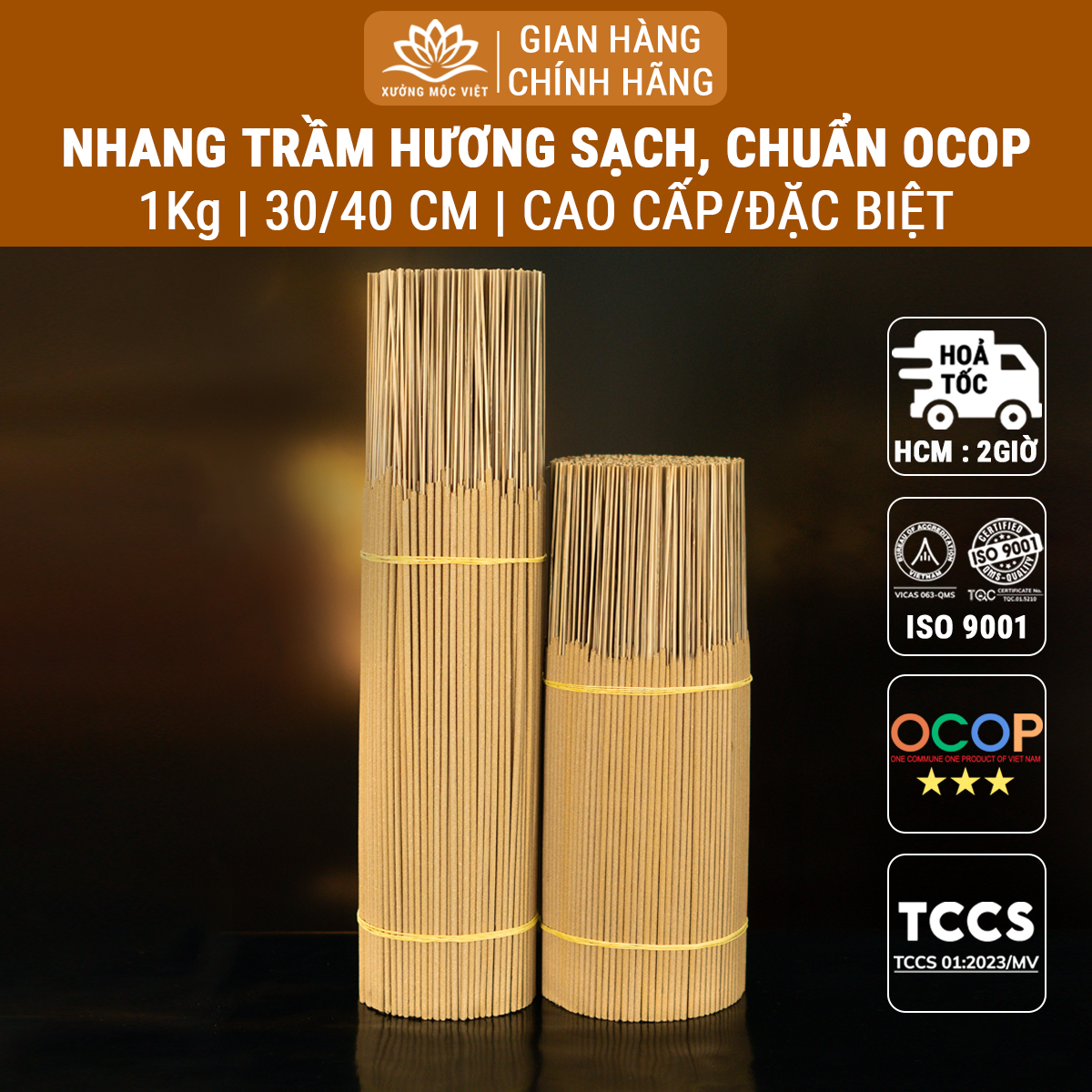 Nhang trầm hương sạch Xưởng Mộc Việt chuẩn OCOP dùng thờ cúng đồ phong thuỷ mùi thơm dịu nhẹ thư giãn, thanh lọc không khí, nhang ít khói không hoá chất, an toàn cho sức khoẻ mọi nhà, nén hương cao 30cm 3 tấc và 40cm 4 tấc