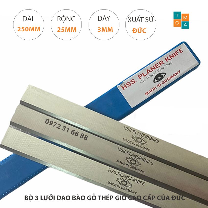 Bộ 3 lưỡi dao bào gỗ thép hss cao cấp 250x25x3mm của đức - lưỡi dao bào con mắt