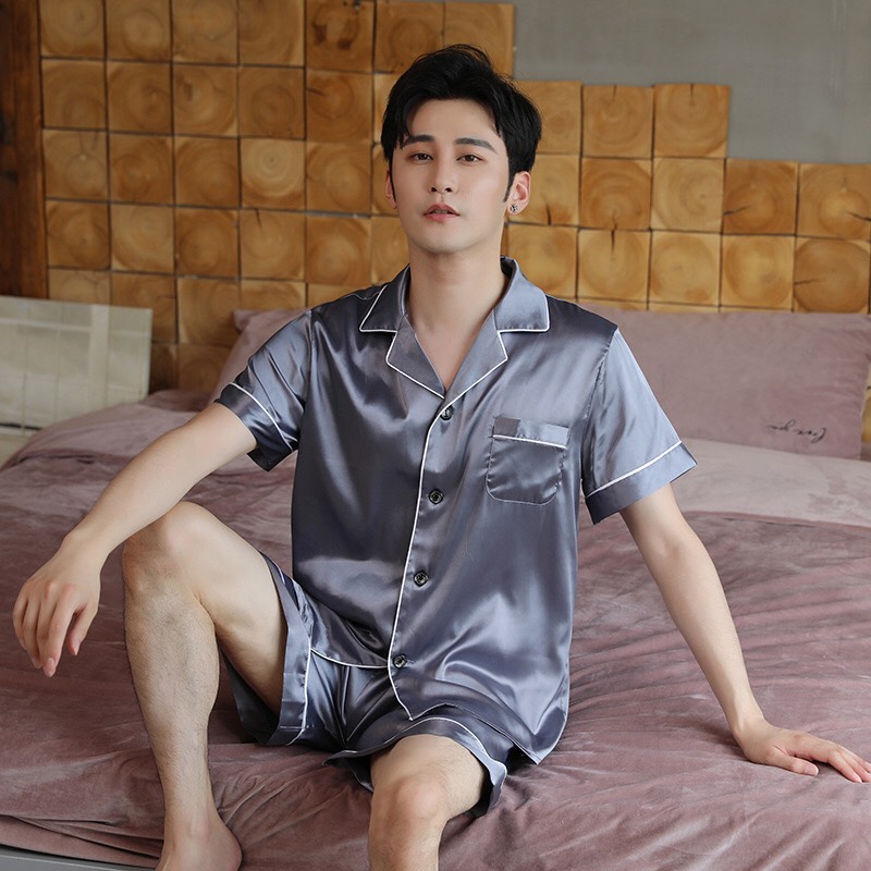 Đồ bộ pijama cộc tay nam họa tiết trơn - Đồ mặc nhà mùa hè chất liệu lụa phi bóng