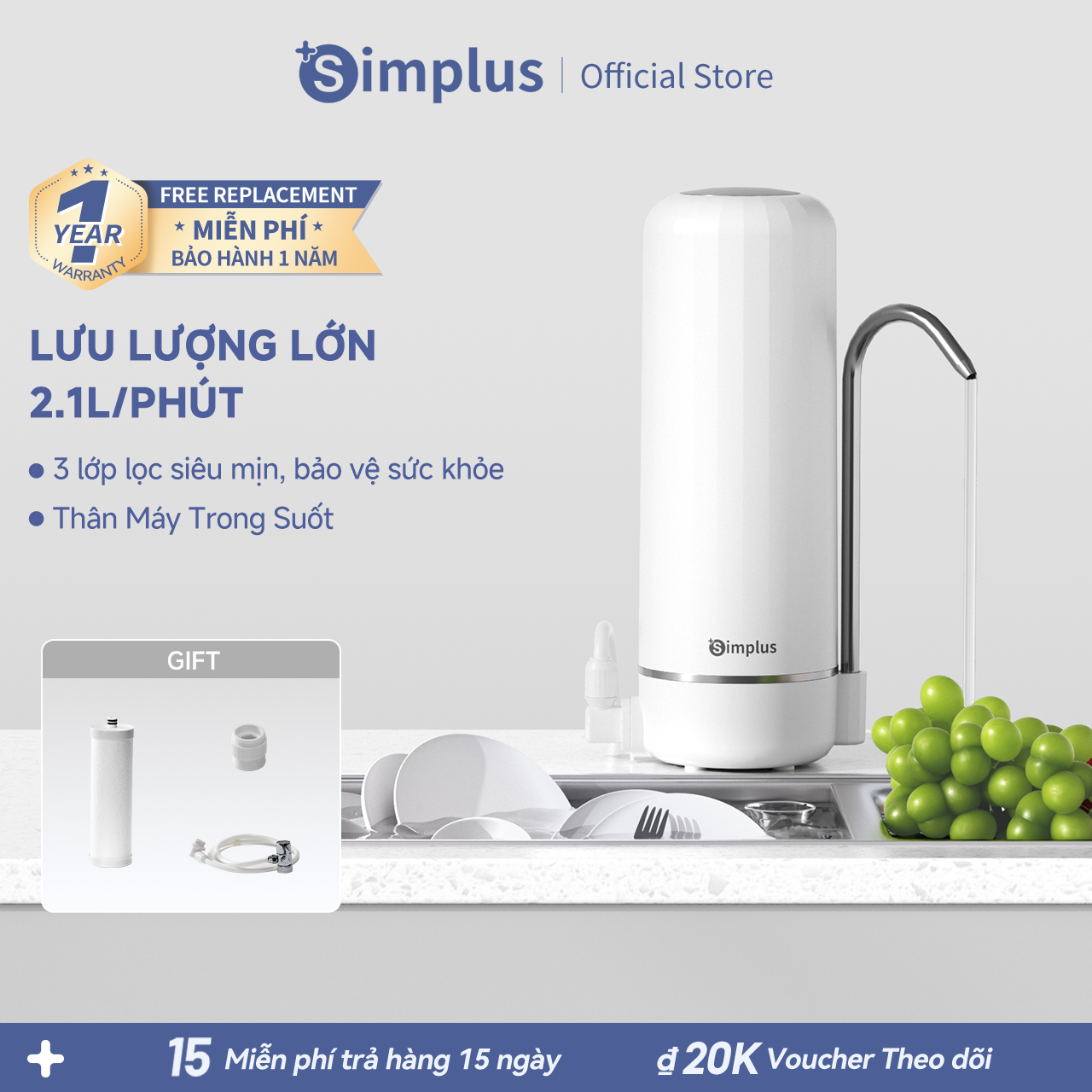 Simplus Máy lọc nước Lọc siêu vi uống trực tiếp Lắp vòi tại bếp 2 chế độ nước diệt khuẩn khử clo