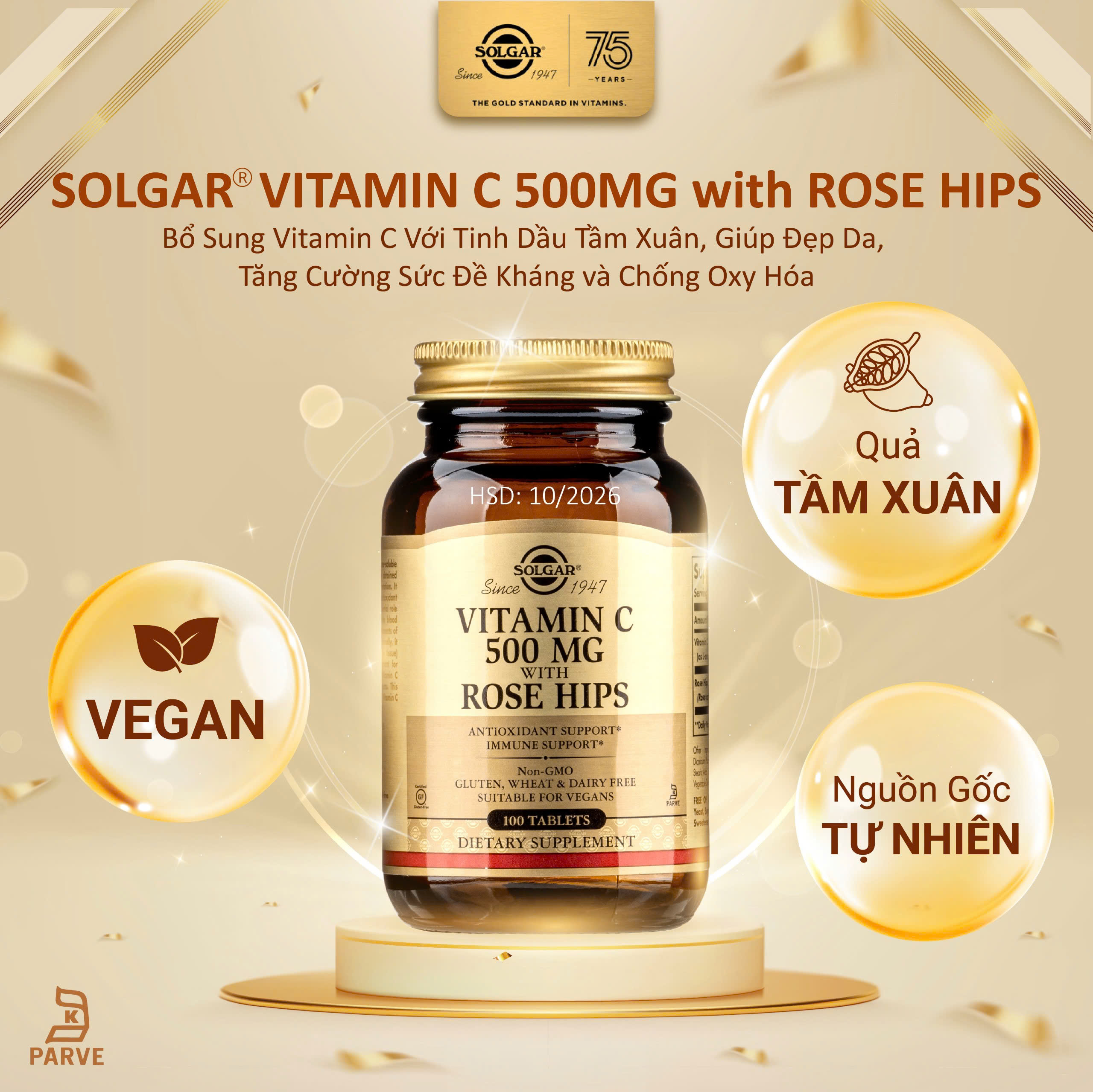 Viên Uống Solgar Vitamin C 500 MG With Rose Hips - Bổ Sung Vitamin C  Với Tinh Dầu Tầm Xuân, Giúp Đẹp Da, Tăng Cường Sức Đề Kháng, Chống Oxy Hóa [Lọ 100 Viên]-HSD 10/2026]