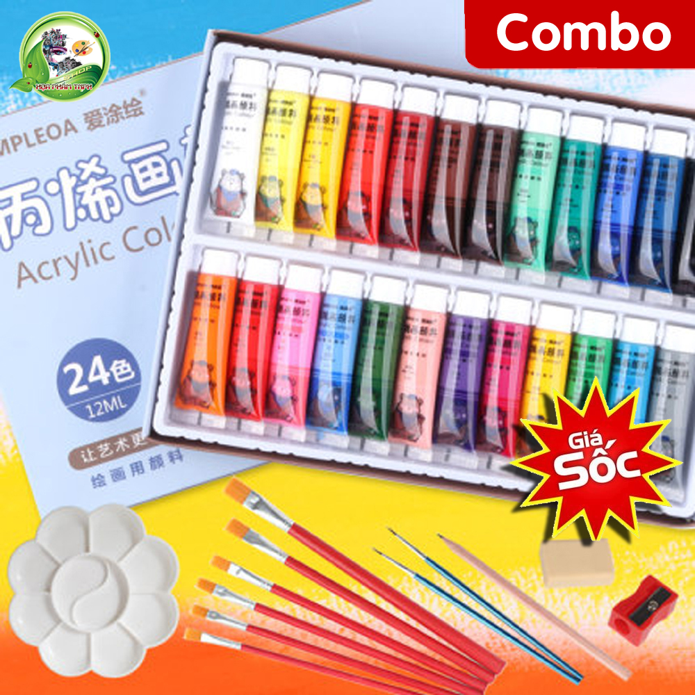 Sơn Acrylic 24 Màu 12 ML Không Thấm Nước SIMPLEOA Sơn Màu Vẽ Thủ Công Sắc Tố Đẹp Bộ Màu Nghệ Thuật Chuyên Nghiệp Dành Cho Người Mới Bắt Đầu ,Tặng Kèm 5 Cọ Vẽ Tranh 1 Bảng Nhựa Tròn Pha Màu & 2 Bút Tỉa 1 Bút Chì Và Gọt Bút
