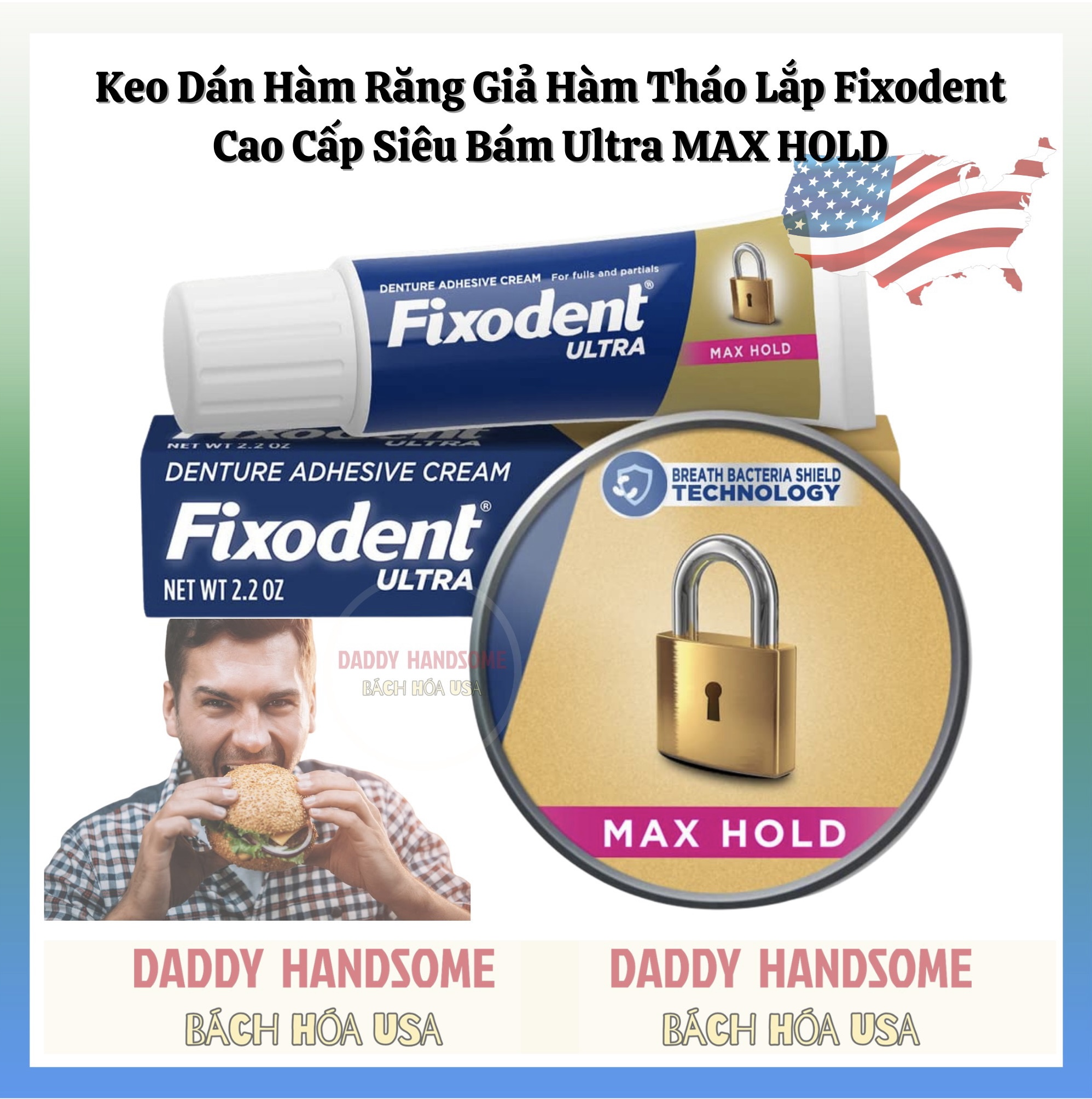 Keo dán hàm giả răng giả Fixodent Ultra max hold 62g
