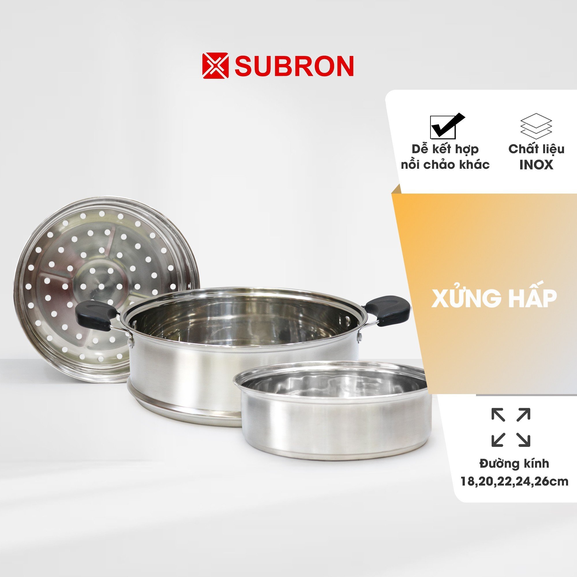 Khay hấp inox lỗ nhỏ có tay cầm tiện lợi, xửng hấp phù hợp mọi nồi chảo quánh cùng size, hấp xôi, bánh bao, rau củ