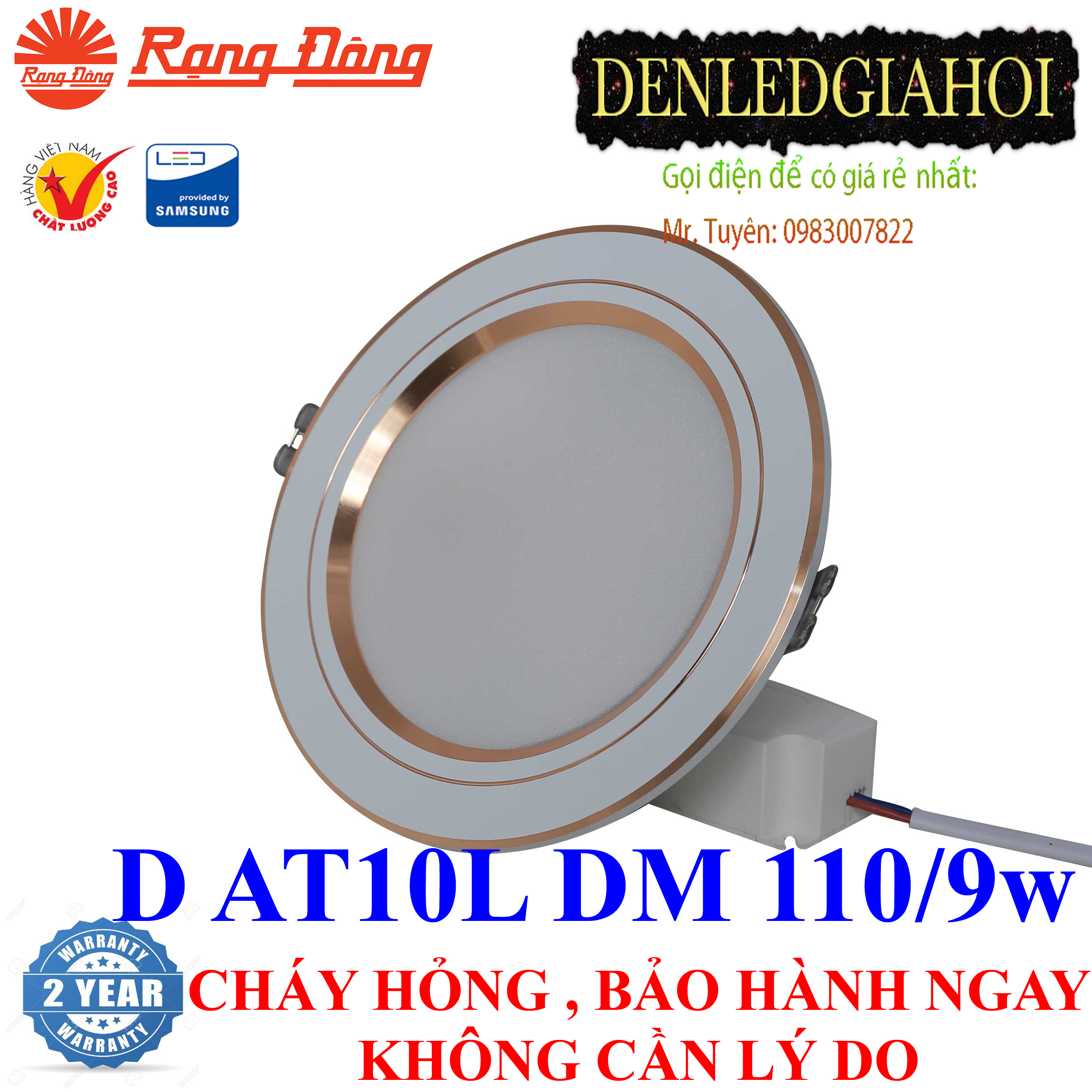 Đèn led âm trần đổi màu 9w rạng đông ,led downlight d at10l dm 110/9w