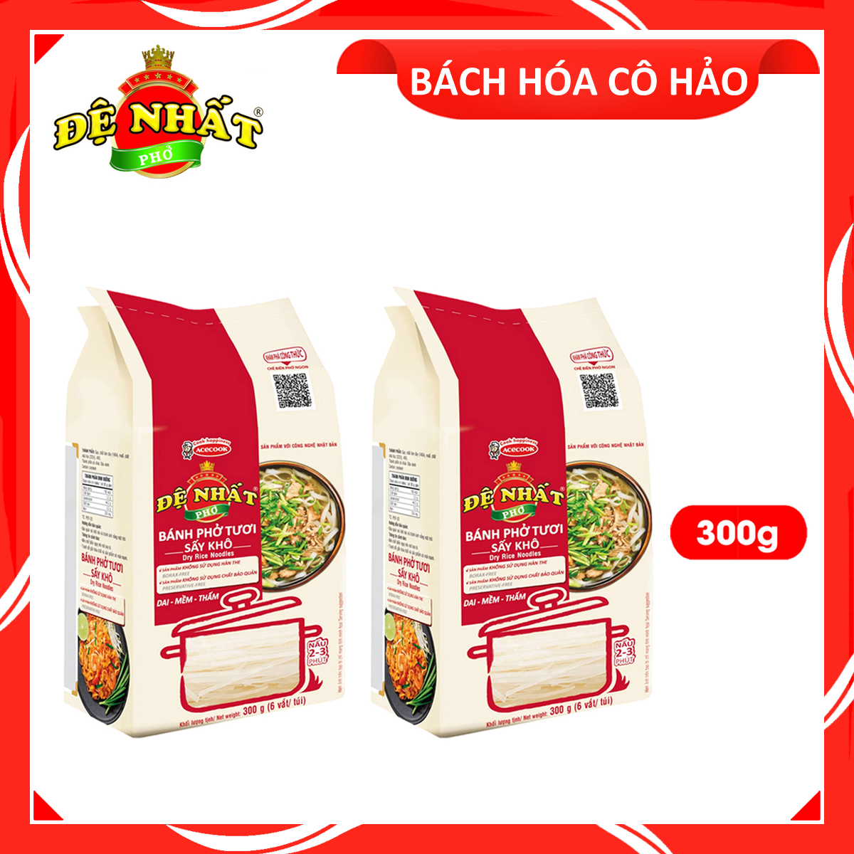 COMBO 2 GÓI BÁNH PHỞ TƯƠI SẤY KHÔ DRY FLAT RICE NOODLES ĐỆ NHẤT ACECOOK 300 GRAM