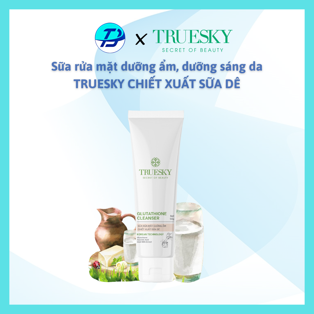 Sữa rửa mặt Truesky sữa dê - Sữa rửa mặt sáng da và dưỡng ẩm Truesky Glutathione Cleanser chiết xuất SỮA DÊ 50g