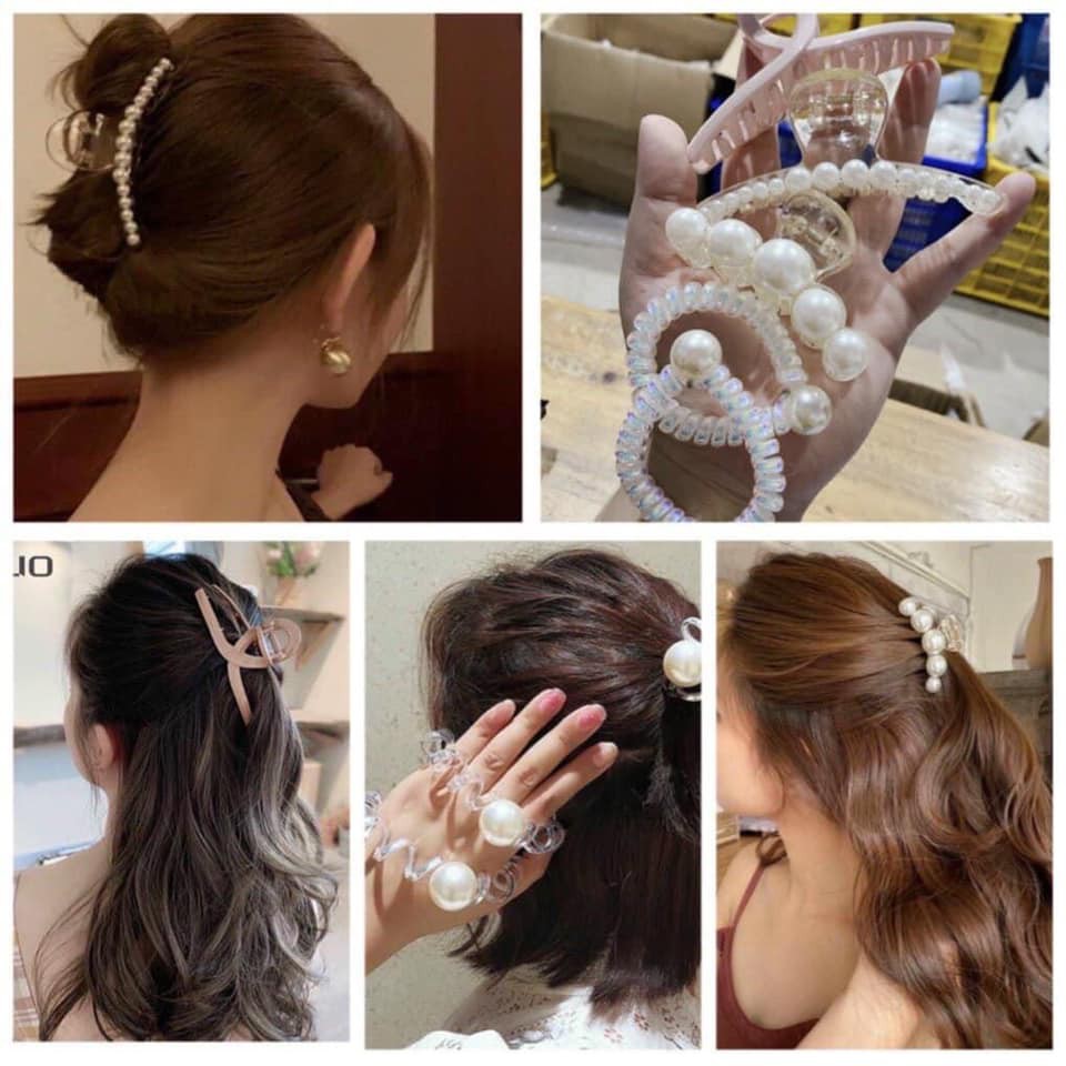 [ SET 5 MÓN SIÊU XINH ] - Set 5 cái kẹp tóc ngọc trai kèm dây buộc tóc - Set kẹp tóc ngọc trai 5 món kèm túi zip siêu cute