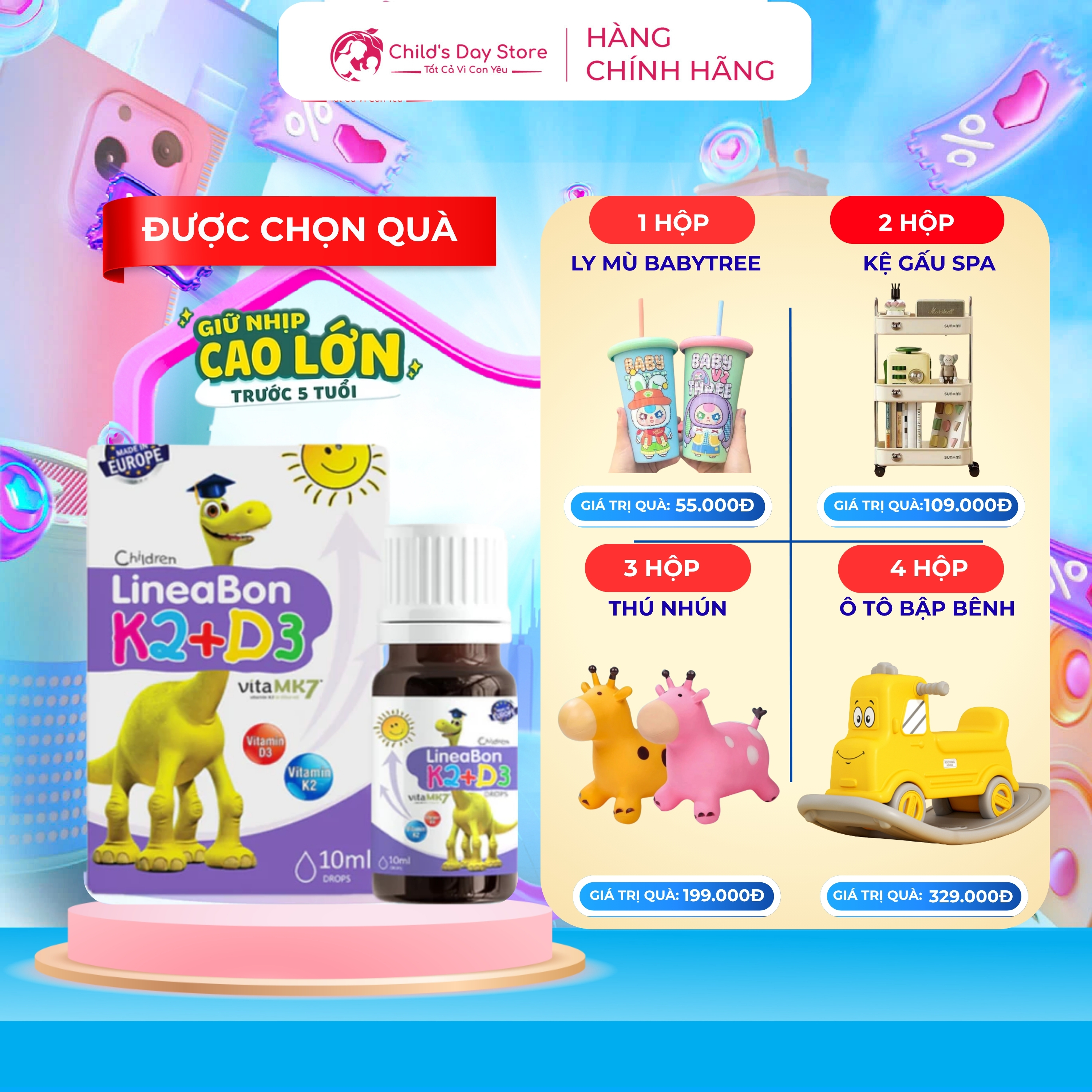 LineaBon K2+D3.Bổ Sung Vitamin K2D3 Tăng Cường Hấp Thu Canxi Tối Đa Trẻ Cao Lớn Khỏe Mạnh - Childs day tỏe