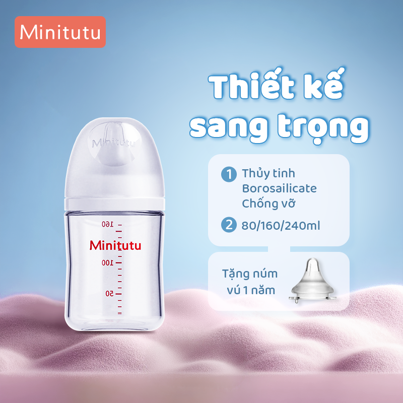 Bình Sữa Minitutu Thủy Tinh cho Bé 80ML/160ML/240ML, tương tự sản phẩm Pigeon Chống đau bụng BPA Free
