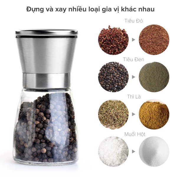 Dụng cụ xay hạt tiêu bằng tay chất liệu thủy tinh, lọ say nắp inox 304