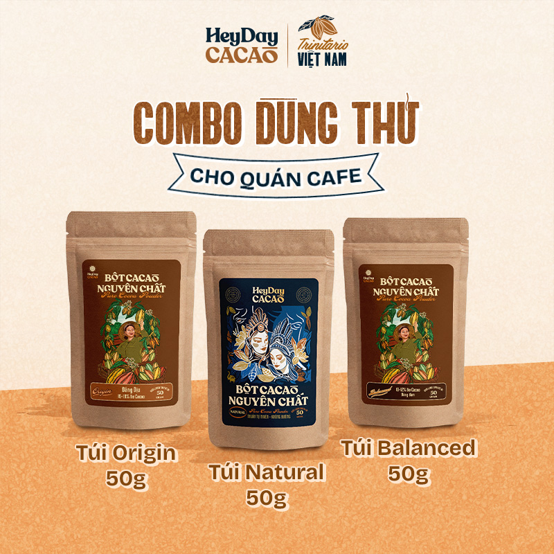 Combo dùng thử cho quán cafe - Túi Origin 50g, Túi Balanced 50g, Túi Natural 50g - Heyday Cacao