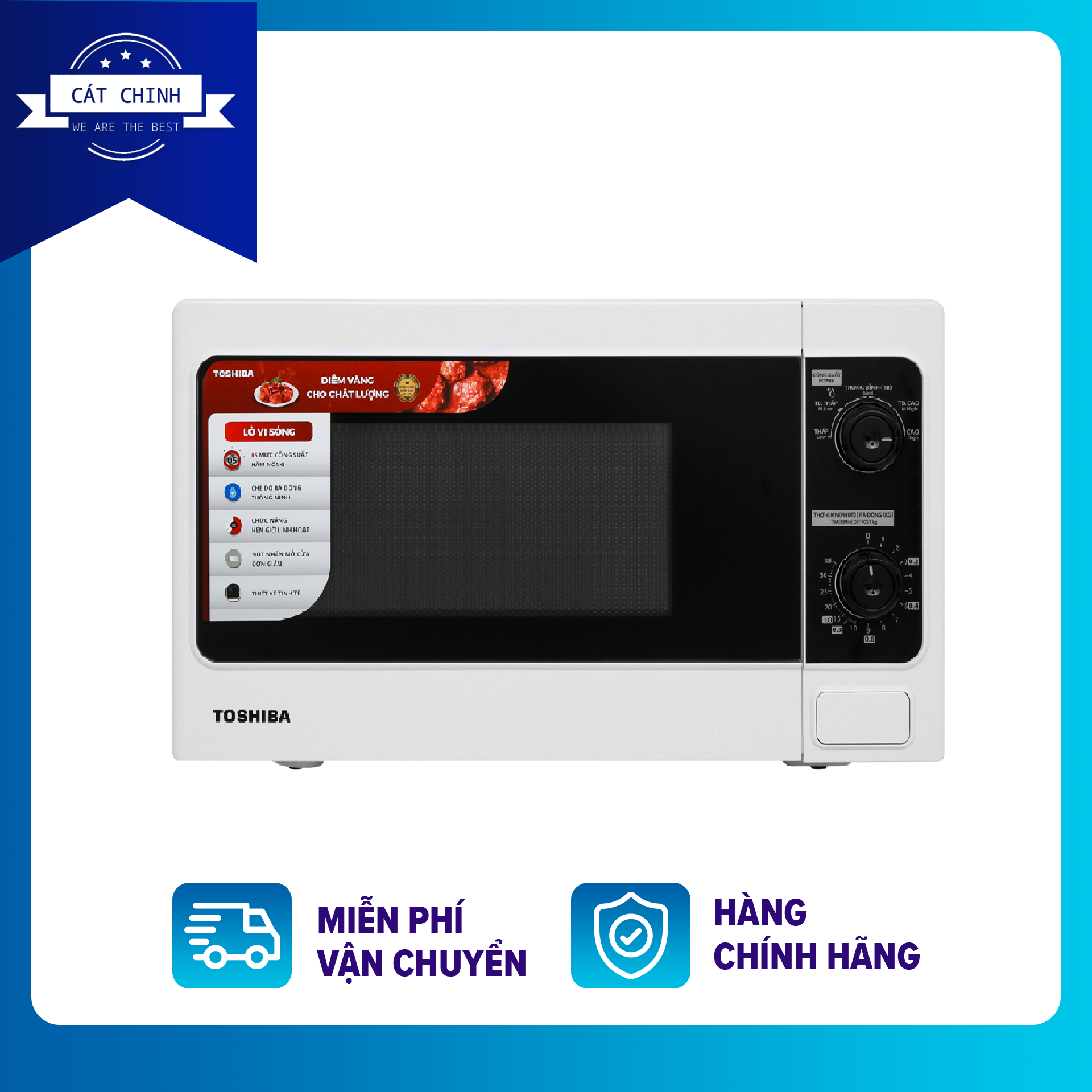 Lò vi sóng Toshiba ER-SM20(W1)VN-Thép không gỉ sang trọng,bảng điều khiển bằng nút vặn-Công suất:800W-Có chức năng Rã đông, hâm, nấu,Hẹn giờ nấu, Chuông báo khi nấu xong, Khoang lò có đèn-Bảo hành 12 tháng